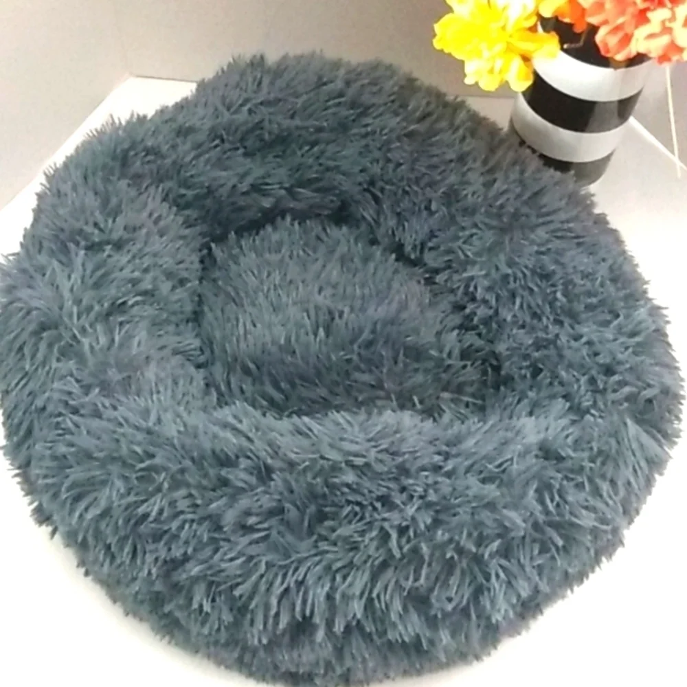 PLUSH CALMING DONUT ROUND PET BED FURY COZY DOG CAT PUPPY LOUNGER SIZE S/M NWOT